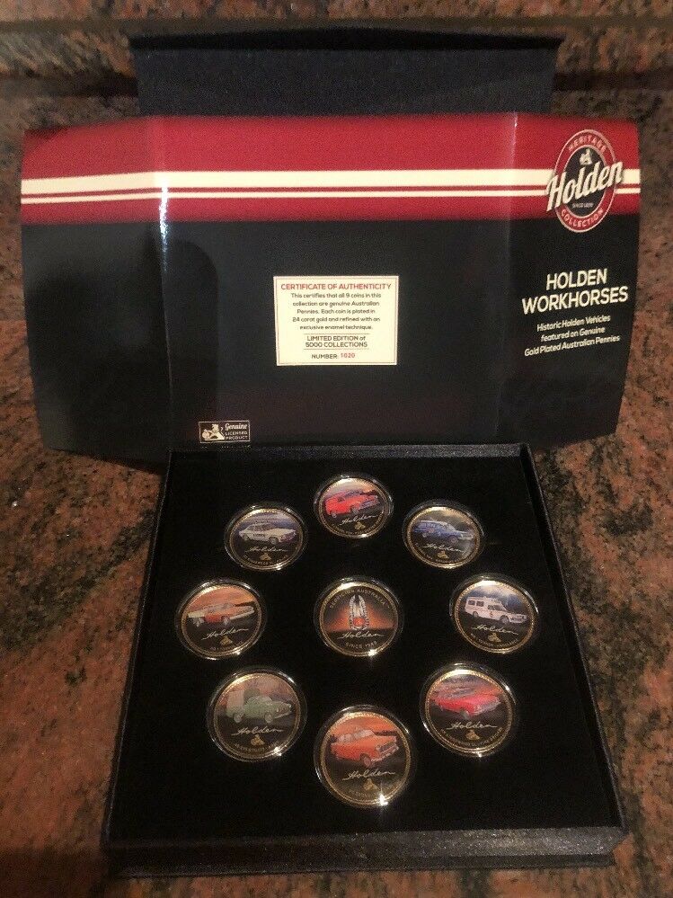 HOLDEN HERITAGE COIN SET WORKHORSES ENAMEL & 24ct GOLD PLATED PENNY COLLECTION